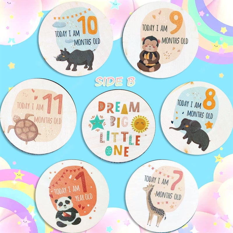 RORANIC Baby Monthly Milestone Cards for Newborn Girl or Boy,Safari Monthly Baby Milestone Cards Baby Anniversary Signs,Baby Shower Cards Come with Organza Gift Bag (Milestone Wooden Circles) - Image 3